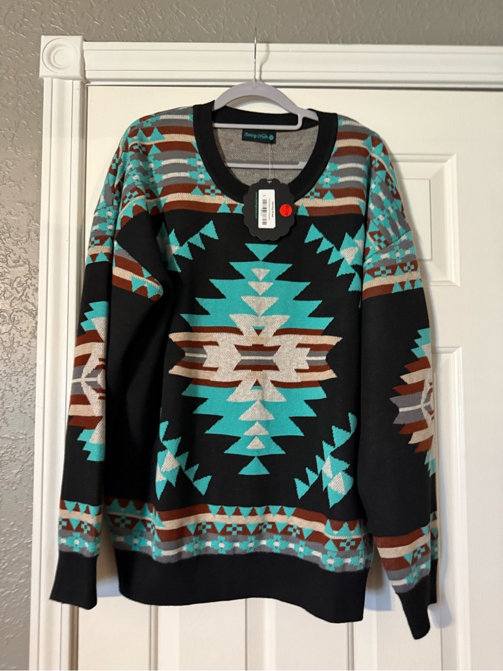 Crewneck Sweater in Turquoise & Black with Aztec Pattern- NWT- Super soft
